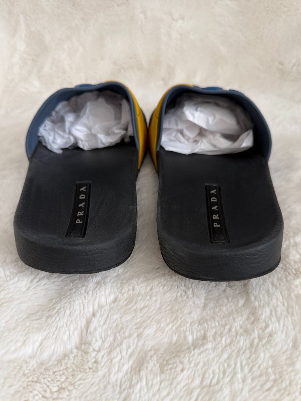 Prada Men's Blue & Yellow Rubber Logo Slides Sandals Size: 12 - Picture 6 of 14